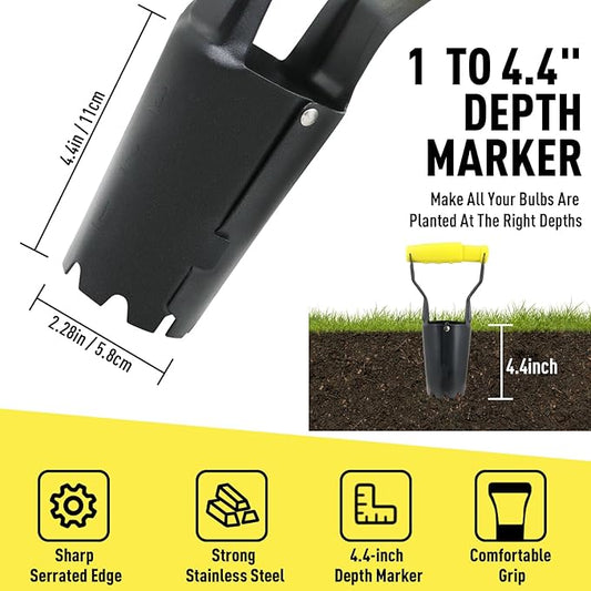 Jardineer Small Bulb Planter Tool– Compact Stainless Steel Transplanter for Bulbs, Seedlings & Flowers – Ergonomic Handle with Depth Markings – Silver & Black– Durable Garden Planting Tool