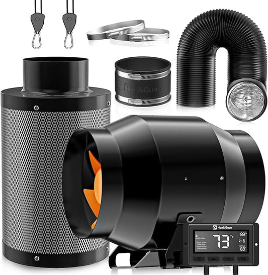 Hon&Guan 4 Inch 212 CFM Air Filtration PRO Kit for Grow Tent Ventilation System, 4" Inline Duct Fan with EC Motor, Smart Temperature Humidity Controller, 4" Carbon Filter & 8 Ft Ducting