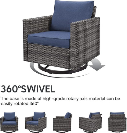 9 Piece Wicker Patio Furniture Set - Outdoor Swivel Rocker Chairs Set with Coffee Table, Rattan Chairs, 3 Seat Sofa & Ottomans, Patio Conversation Sets for Bcakyard Deck - Grey/Blue