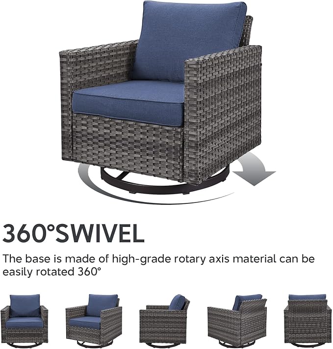 6 Piece Wicker Patio Furniture Set - Outdoor Swivel Rocker Chairs Set with Side Table, 3 Seat Sofa and Ottomans, Small Patio Conversation Sets Proch Furniture for Balcony Deck - Grey/Blue