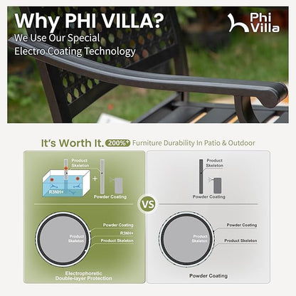PHI VILLA 7 Pieces Outdoor Round Dining Set for 6, Large Wrought Iron Dining Table with Umbrella Hole & Stackable Metal Chairs, Dining Furniture Set for Patio, Deck, Yard, Porch