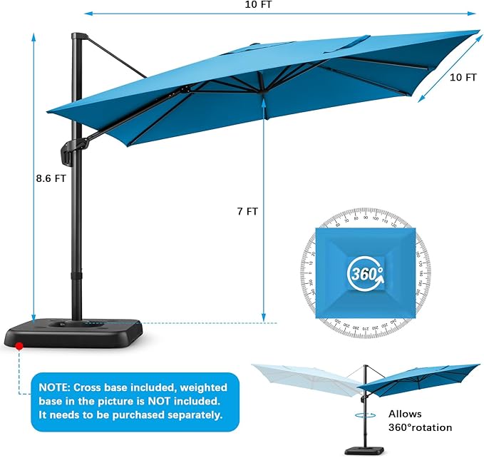 Hotime 10ft Patio Umbrella Outdoor Patio Height adjustable and Windproof, Heavy Duty Aluminum Square Offset Patio Umbrella Cantilever Pool Umbrella with 360°Rotation for Garden Deck Pool, Light Blue