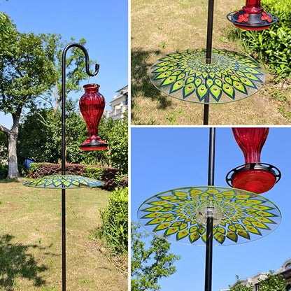 13" Glass Rain Cover for Bird Feeder Outdoors - Baffle on Shepherd Pole/Post or S Hook Hanging - Large Weather Guard Protective Dome - Dia. 33CM - Peacock Feather