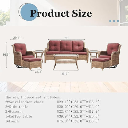 Patio Furniture Set with Swivel Rocker：8 PCS Outdoor Furniture with Swivel Patio Chairs, Suitable for Deck, Yard, Porch, Poolside, Yellow/Red