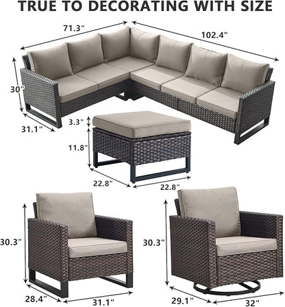 HUMMUH 8 Piece Patio Furniture All Weather 6-Seater Outdoor Sectional Sofa with Patio Swivel Chairs and Outdoor Chairs Ottomans for Porch,Garden,Backyard,Deck(Brown/Grey)