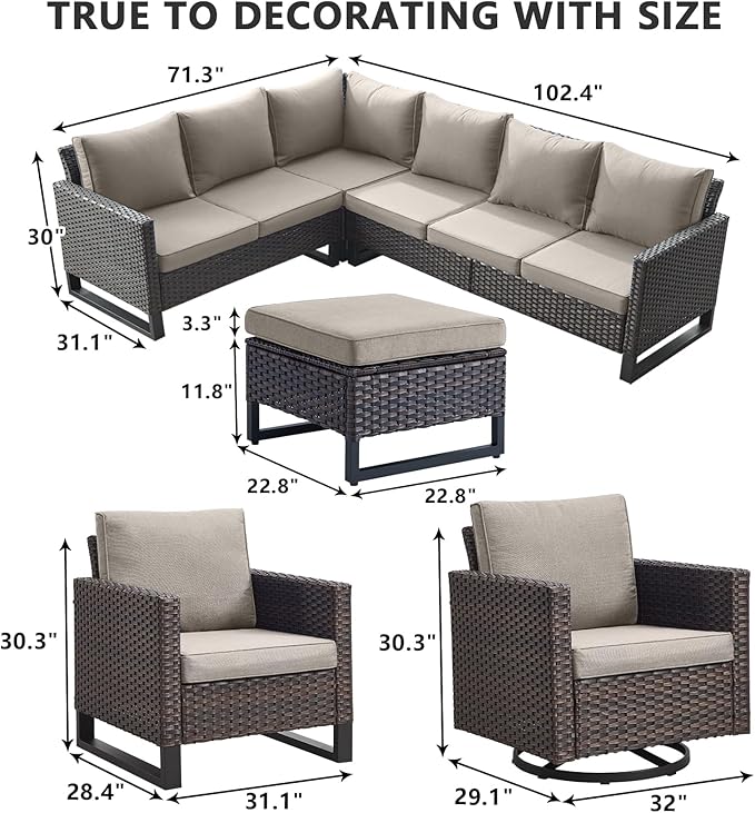 HUMMUH 10 Piece Patio Furniture PE Wicker 6-Seater Outdoor Sectional Sofa with Dinning Table Patio Swivel Chairs Outdoor Chairs for Porch,Garden,Backyard,Deck(Brown/Grey)