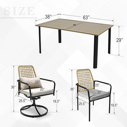 7-Piece Patio Dining Set, 63" Rectangular Table with 4 Stackable and 2 Swivel Rattan Chairs, Gray Cushions