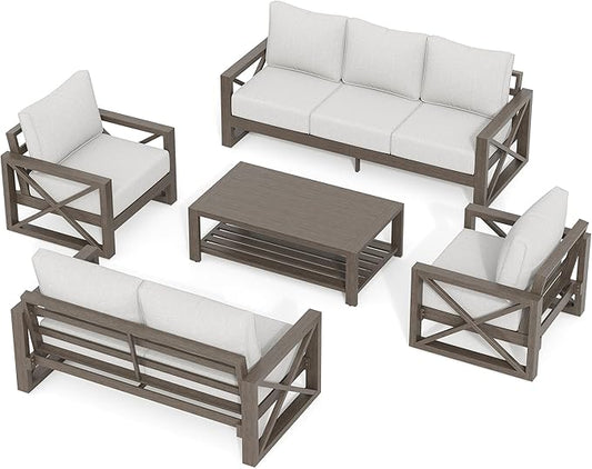 UDPATIO 5 Piece Aluminum Patio Furniture Set Faux Wood Grain Modern Outdoor Furniture Patio Conversation Set with 6" Olefin Fabric Cushions and Coffee Table, 600D Waterproof Cover Included, Light Grey