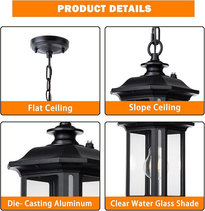 JYZ Dusk to Dawn Outdoor Pendant Lighting, Exterior Hanging Lantern Light Fixture, Classic Black Outdoor Chandelier, Outside Ceiling Mount Hanging Lamp for Porch Hallway Foyer Patio Gazebo Pergola