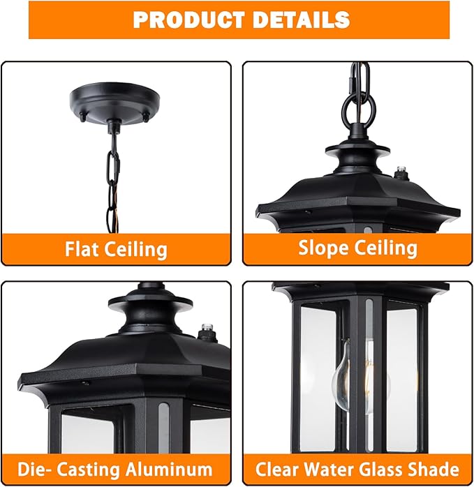 JYZ Dusk to Dawn Outdoor Pendant Lighting, Large Exterior Hanging Lantern Light Fixture, Classic Black Outdoor Chandelier, Outside Ceiling Mount Hanging Lamp for Porch Hallway Foyer Patio Gazebo