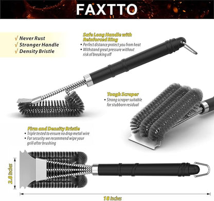 Grill Brush with Extra Strong Long Handle BBQ Cleaner Accessories - Safe Wire BBQ Brush, Triple Barbecue Scrubber Cleaning Brush for Gas/Charcoal Grilling Grates