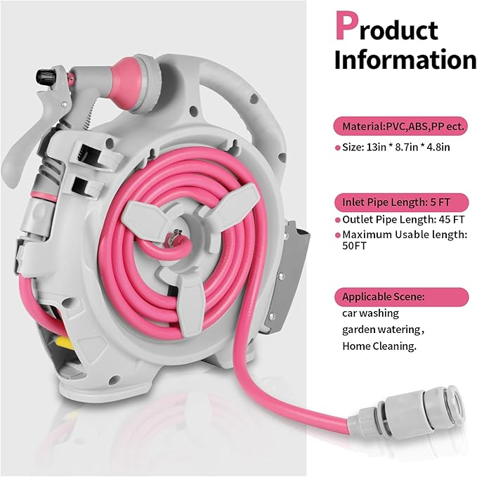 Kitness Mini Retractable Garden Hose Reel, Portable Simple Home 45+5 FT Hose Reel with 7 Adjustable Patterns Spray Nozzle&Standard Connector, Watering Hose Reel for Gardens Yards and lawns (Rose red)