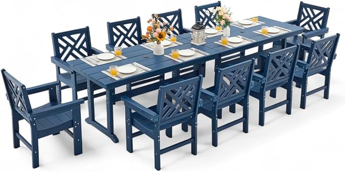 12 Piece HDPE Outdoor Dining Set for 10, Patio HDPE Furniture Set with 2 Table and Umbrella Hole, Outdoor Table and Chairs for Garden, Poolside, Backyard, Deck