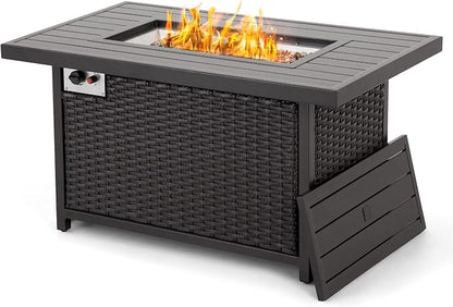 HAPPATIO Propane Fire Pit Table - 48 inch 50,000 BTU Aluminum Outdoor Patio Fire Pit,Wicker & Aluminum Rectangular Propane Gas Fire Pit, Clear Glass Rock and Tabletop Lid, Black PE Rattan(Brown)