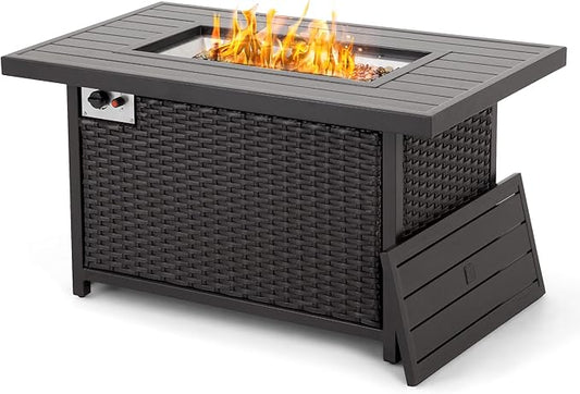 HAPPATIO Propane Fire Pit Table - 48 inch 50,000 BTU Aluminum Outdoor Patio Fire Pit,Wicker & Aluminum Rectangular Propane Gas Fire Pit, Clear Glass Rock and Tabletop Lid, Black PE Rattan(Brown)