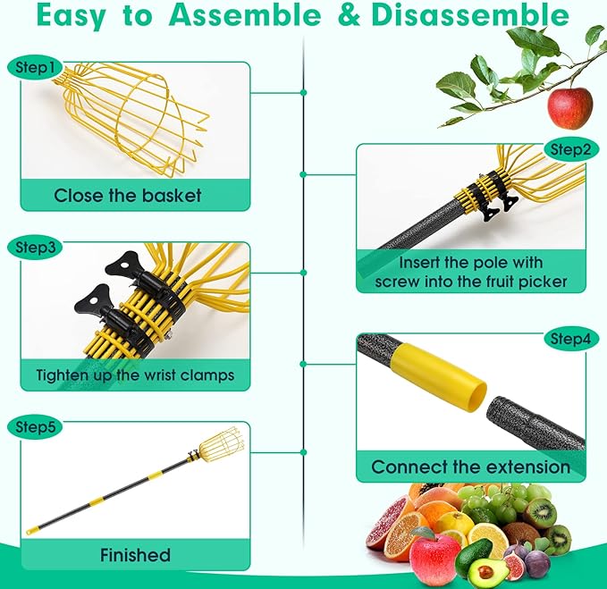 Fruit Picker Pole with Basket,8FT Long Heavy Duty Mango Picker Tool with Adjustable Fruits Picking Pole, Fruits Picking Grabber for Lemon,Apple,Almonds,Avocados