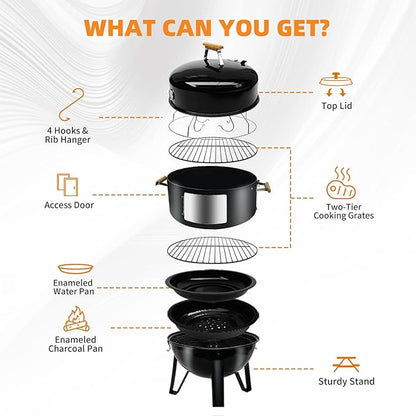 Realcook BBQ Charcoal Smoker Grill: Heavy Duty 17 Inch Vertical Meat Smokers - Porcelain-Enameled Charcoal Grill Smoker Combo for Outdoor Cooking Backyard Picnic Party Grilling