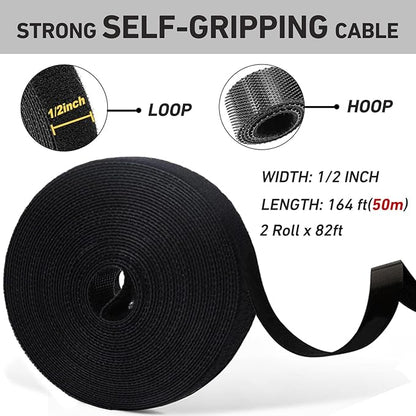 164ft x 1/2 inch Reusable Fastening Cable Ties, Hitotsu Hook and Loop Roll, Self-Gripping Bundling Strips for Cord Manage,Home, Office, Electrical Cords, Data Center, Host Room, Black, 2 Roll