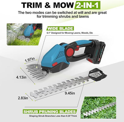 Cordless Hedge Trimmer,21v Electric Grass Shears & Shrub Trimmers,Handheld 2-in-1 Battery Powered Hedge Trimmer for Patio/Lawn, Gardening Tools, Included Charger (Blue-Red+1 * Battery)