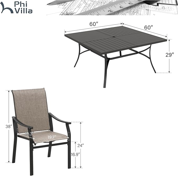 PHI VILLA Patio Dining Set for 8,Extra Large Square Metal Table with 1.9" Umbrella Hole and 8 Textilene Dining Chairs,Breathable,Waterproof,Durable and Sturdy,Outdoor Table and Chairs for Outside