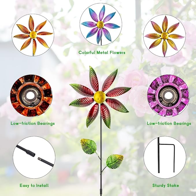 Stargarden 4Pcs Metal Outdoor Wind Spinners, Small Pinwheels for Yard, Decorative Garden Stakes for Patio,Lawn, Outdoor