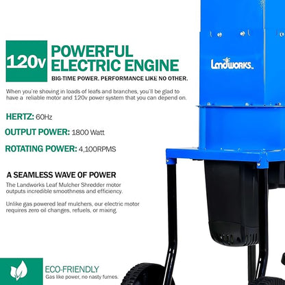 Landworks Electric Leaf Mulcher & Shredder - 15-AMP, 1800W, Steel Construction, 11" Blades, 0.5" Cutting Capacity, 120V AC for Dry Leaves, Grass, & Yard Clippings