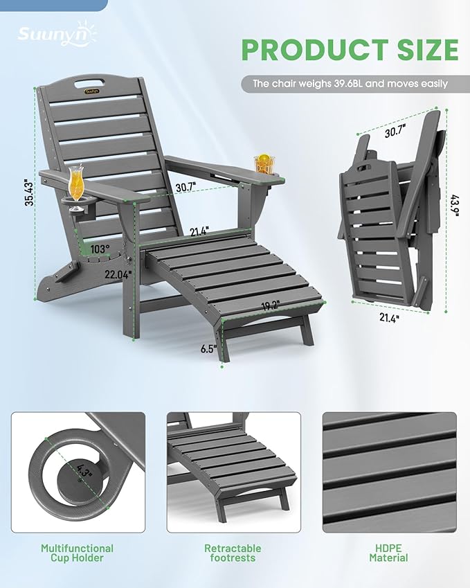 Folding Adirondack Chairs Set of 6,Adirondack Chair with Retractable Ottoman,Plastic Adirondack Chairs with 2 Cup Holder,Weather Resistant Patio Chair,Outdoor Chairs Set of 6(Grey)