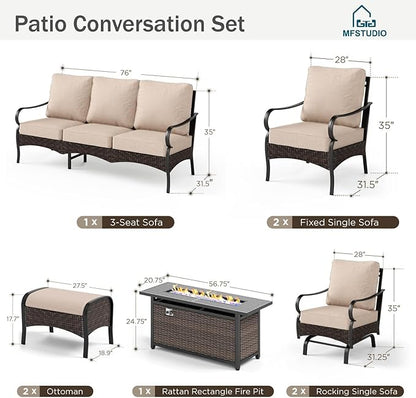 MFSTUDIO 8 PCS Outdoor Patio Furniture Set, Metal Outdoor Conversation Set, Rattan Wicker Patio Sectional, 2 x Fixed and Rocking Sofa, 3-Seat Sofa, 2 x Ottoman, 1 x Fire Pit Table, Beige