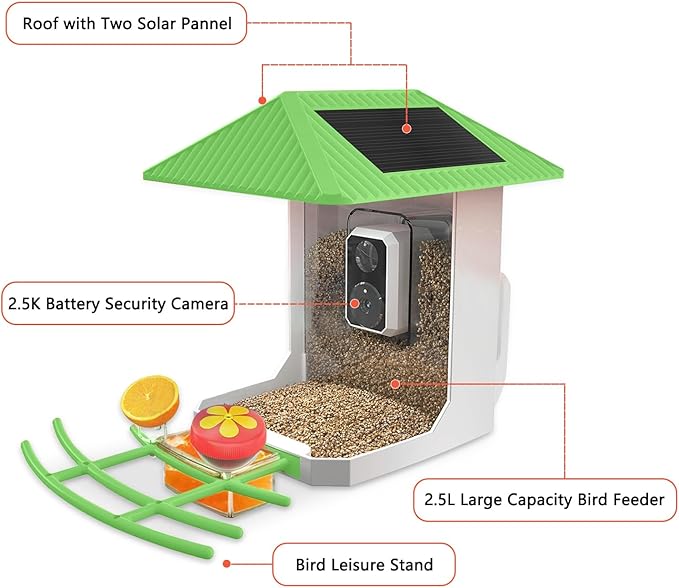 2.5K Smart Bird Feeder with Camera, 2.5L Birds Watching Camera with AI Identify Bird Species, Outdoor Birds Feeder House with Solar Panel for BirdLovers (Cyan)