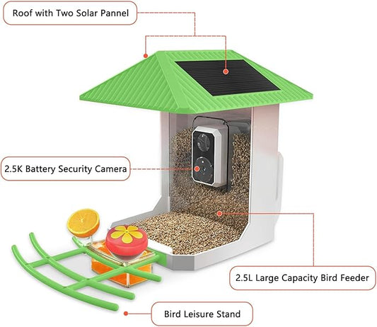 2.5K Smart Bird Feeder with Camera, 2.5L Birds Watching Camera with AI Identify Bird Species, Outdoor Birds Feeder House with Solar Panel for BirdLovers (Cyan)