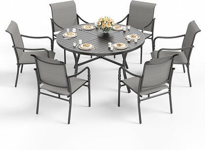 HERA'S HOUSE Patio Table and Chairs, 7 Pieces Outdoor Dining Set, 1 x Round Metal Table with 1.57”-1.9” Umbrella Hole, 6 x Grey Armrest Chairs for Deck Porch Backyard