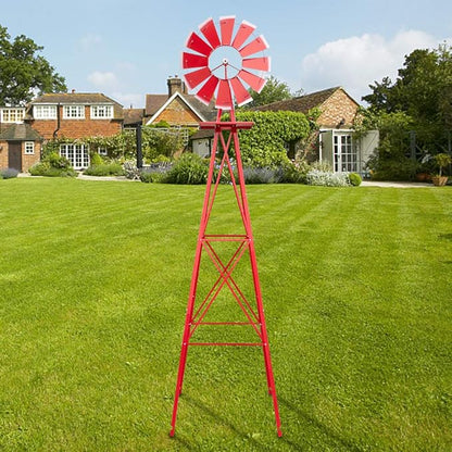Garden Windmill for Yard Decor, 8 ft Tall Metal Windmill with Spinning Blades, Weather-Resistant Outdoor Windmill for Lawn, Farmhouse, Rustic & Farm Decor, Red