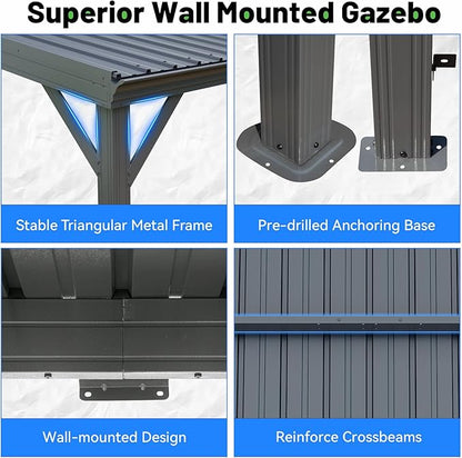 10x14FT Lean to Gazebo, Outdoor Hardtop Wall Mount Gazebo with Gutter & Sloping Galvanized Steel Roof, Metal Hard Top Awnings for Deck, Porch, Backyard
