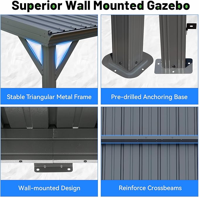8x8FT Lean to Gazebo, Outdoor Hardtop Wall Mounted Gazebo with Gutter & Sloping Galvanized Steel Roof, Metal Hard Top Awnings for Deck, Porch, Backyard