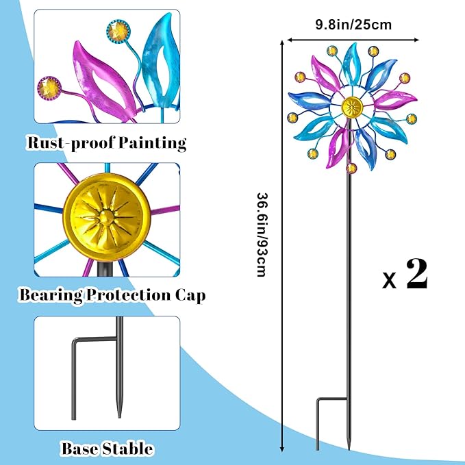 2PCS Metal Wind Spinner Outdoor, Windmill Garden Decorations, Kinetic Wind Spinners Colorful Wind Sculpture Yard Art for Garden Patio Lawn Decor (2PC Single Turn B)