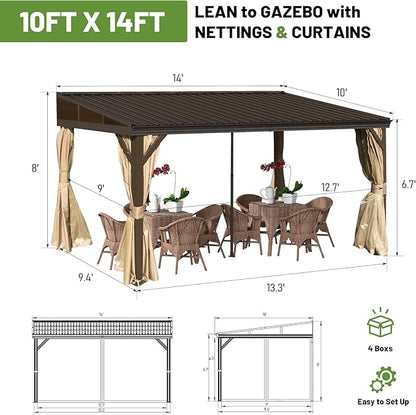 10x14FT Lean to Gazebo, Outdoor Hardtop Wall Mounted Gazebo with Gutter & Sloping Galvanized Steel Roof, Metal Frame Mount Gazebos with Netting & Curtain for Deck, Porch, Backyard