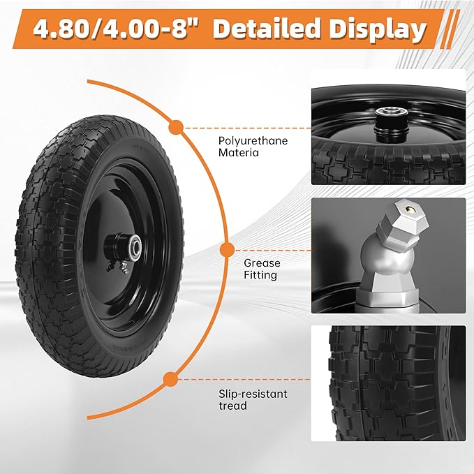 2PC 14.5" Wheelbarrow Tires, 4.80/4.00-8" Flat-Free Tire and Wheel, 5/8" Bearings, Extra 3/4" Bearing, Adjustable Center Hub for 3 to 7", Fits 4.80-8, 4.00-6, 3.50/2.50-8 Wheels, Maximum Load 300 lbs.