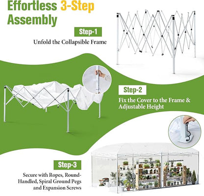 AMERLIFE 19.2×10×8.5 FT Pop-up Greenhouses for Outdoors Indoor with Adjustable Durable Frame, Portable Walk in Greenhouse with 2 Roll-up Zipper Doors, Windows and PE Cover, White