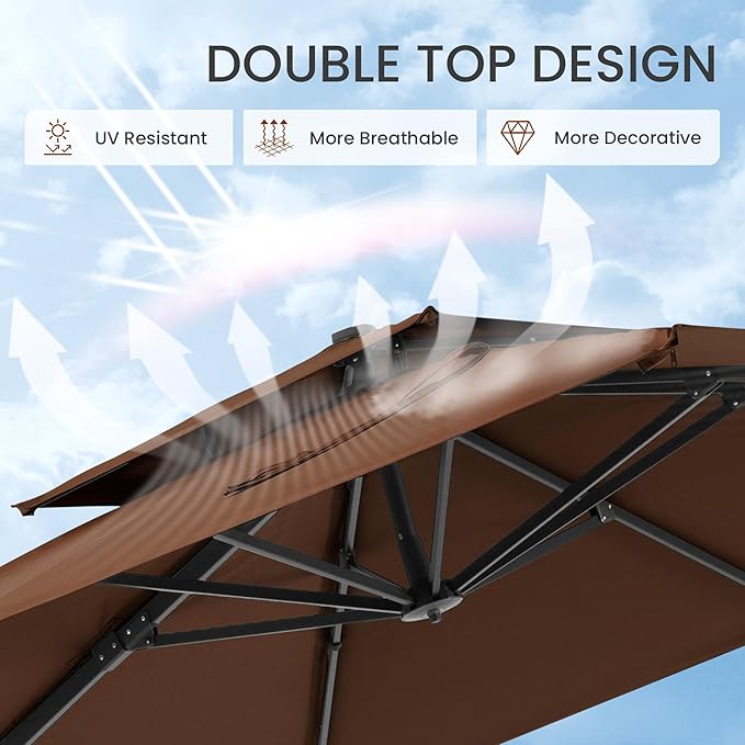 10x10 FT Cantilever Patio Umbrella with Base Included Double Top Outdoor Square Large Heavy Duty Aluminum Offset Umbrellas with 7 Level Tilt 360-degree Rotation for Pool Garden Deck,Brown