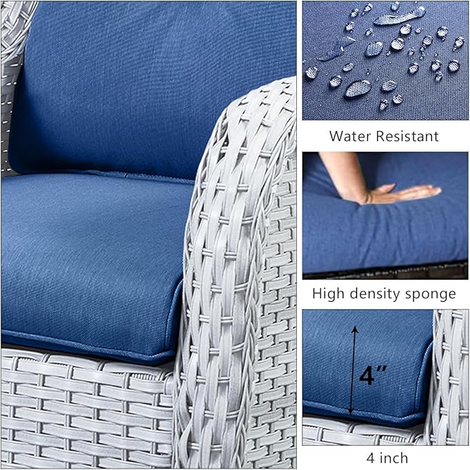 HUMMUH 5 Pieces Outdoor Furniture Patio Furniture Set Wicker Swivel Patio Chairs with 2 Seater Outdoor Sectional Sofa/Patio Loveseat with Ottomans(Light Grey/Blue)