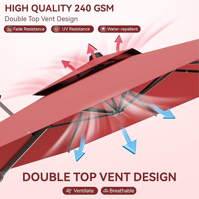 10x13 FT Patio Umbrella, Large Cantilever Rectangular Double Top Heavy Duty Offset Umbrellas with 360° Rotation, Outdoor shade for Garden Deck Pool Patio, Red