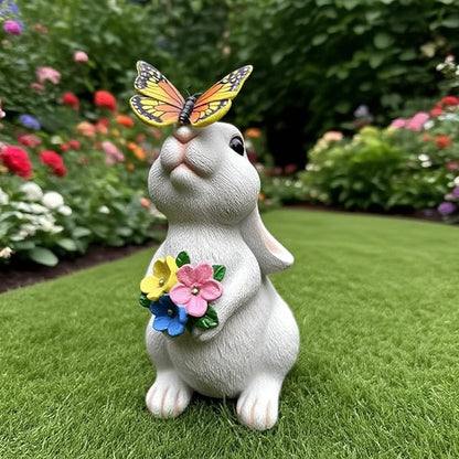 Solar Garden Statue LED Outdoor Garden Decor Funny Animal Sculpture for Yard Patio Lawn Weatherproof Resin Birthday Art Gift（Rabbit and Butterfly）