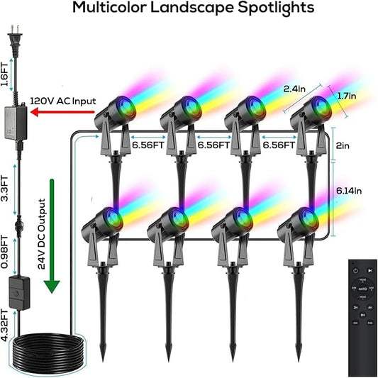 SUNTHIN Outdoor Landscape Lighting with Remote, RGBW Color Changing Spot Uplights, 8 Pack