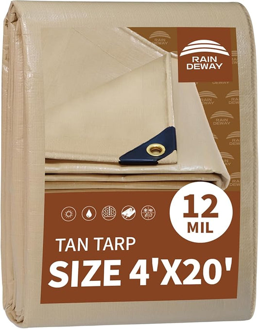 RAINDEWAY 4x20 Feet Heavy Duty Tarp,12 Mil Tan Waterproof Poly Tarp Cover,UV Resistant,Weatherproof,Durable,Multipurpose Tarps with Grommets and Reinforced Edges