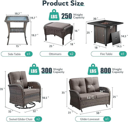 7 Piece Patio Furniture Set with Fire Pit Table - Wicker Patio Conversation Set with Swivel Glider, Glider Loveseat, Side Table and 2 Ottomans for Deck Backyard - Brown Wicker Grey Cushion