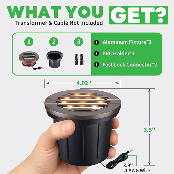 Ground Well Lights, Landscape LED Low Voltage Inground Lights, Outdoor Waterproof IP67, 12V Wired Aluminum Grille On Top ORB for Backyard Wall 6W 350LM 8 Pack