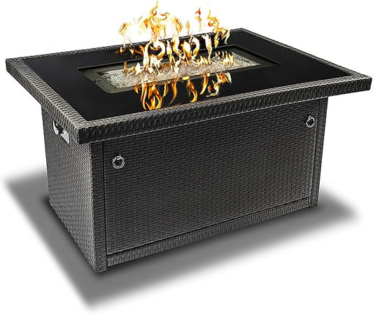 Outland Living Series 403 Fire Table – 44" 50,000 BTU Outdoor Propane Gas Fire Pit Table with Tempered Glass Top & Arctic Ice Decorative Glass Rocks, Slate Grey
