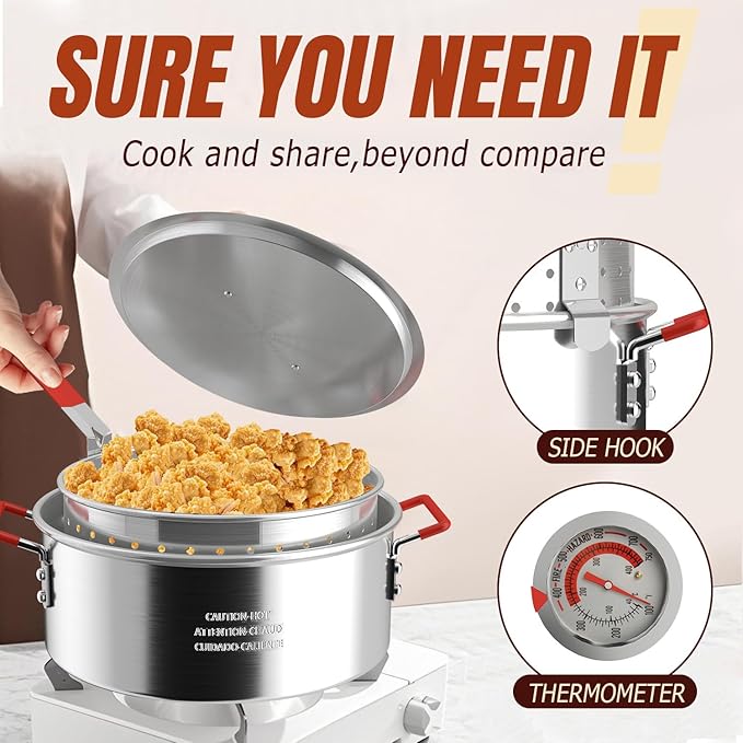 10QT Aluminum Fish Fryer Pot with Basket | Deep Fryer with Lid | Thermometer | Fryer Tongs & Easy Grip Handle for Cooking Seafood | French Fries | Chicken Wings