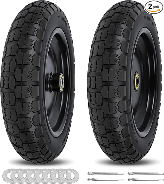 13 Inch Flat Free Wheels Tires 4.00-6 Solid Replacement with Universal 5/8" Axle Bore Hole, 8 Spacers and 4 Pins, for Wheelbarrow, Garden Wagon, Hand Truck, Trolley, Lawn Mower, 2 Pack