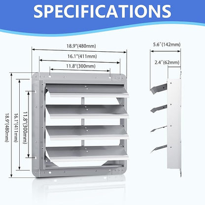 16 Inch Galvanized Shutter Exhaust Louver Vent, Automatic Gravity Shutter Louver Vent for Home Attics, Workshops, Barn, Greenhouse (Motor&Blades are not Included)